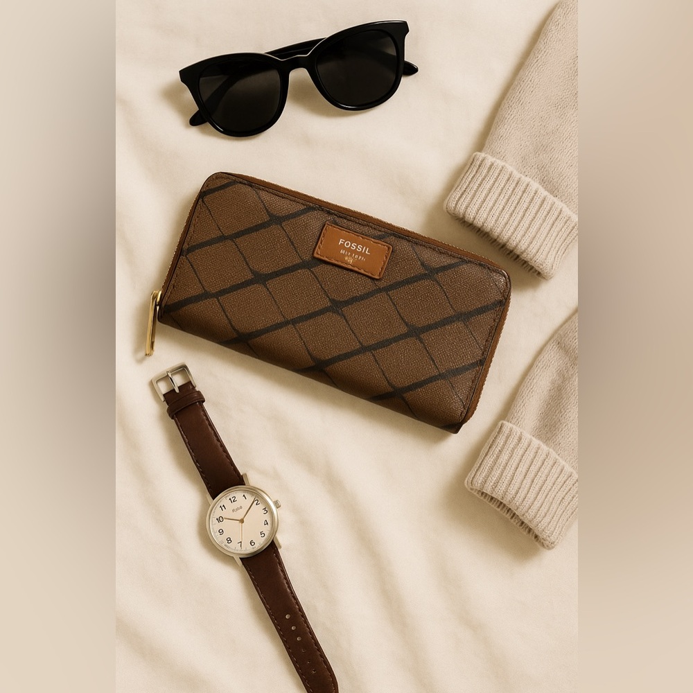 Fossil Issue No 1954 Expanding Wallet Zip-Around w/ Coin Purse Camel Brown